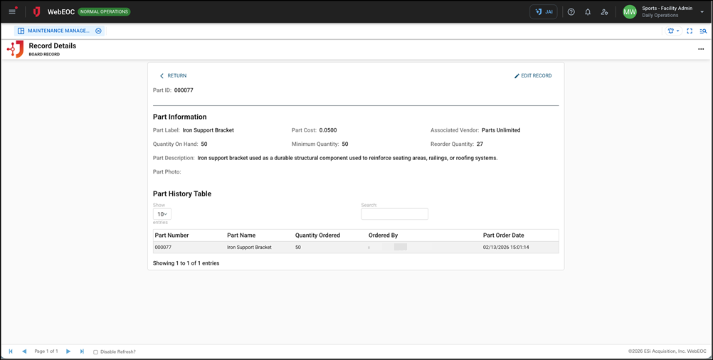 Maintenance Management - Parts